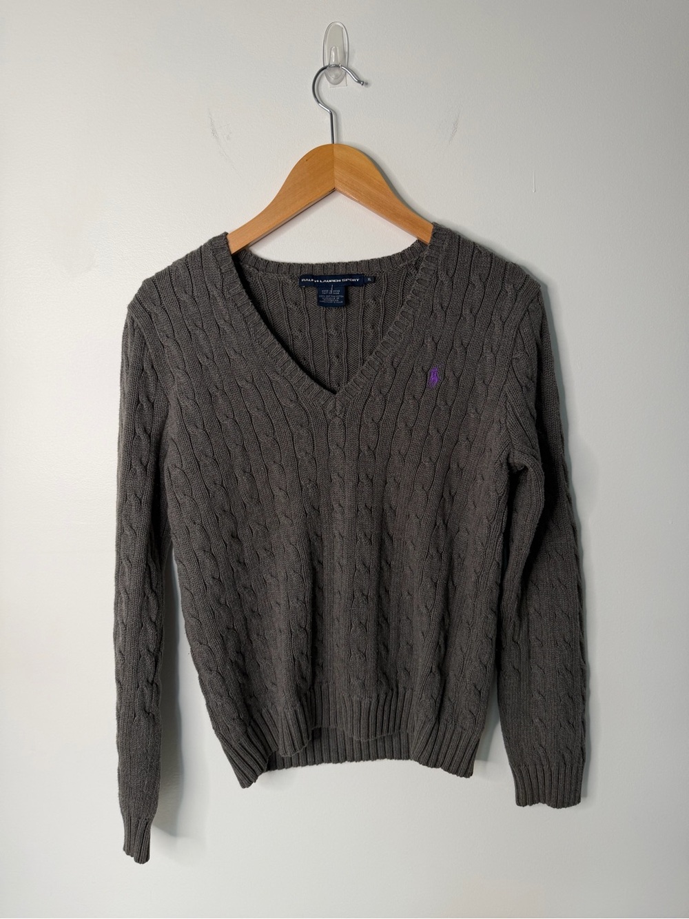 Ralph Lauren Sport Women’s XL Gray Cable Knit V-Neck Sweater Purple Pony Logo